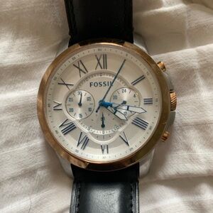 Fossil Black Leather Watch with Gold Bezel